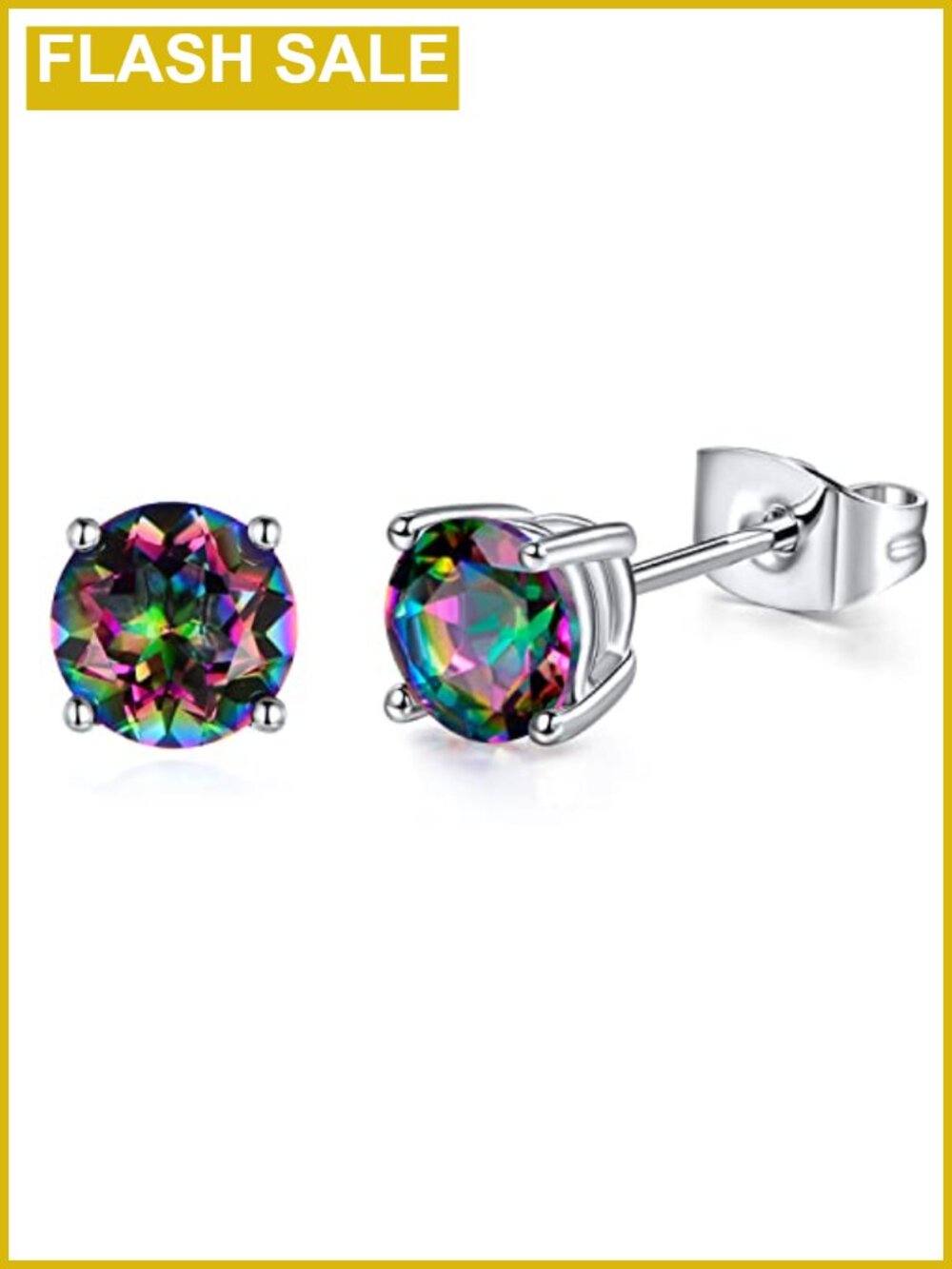 4mm Rainbow CZ Stud Earrings 18K White Gold Plated Push Back
